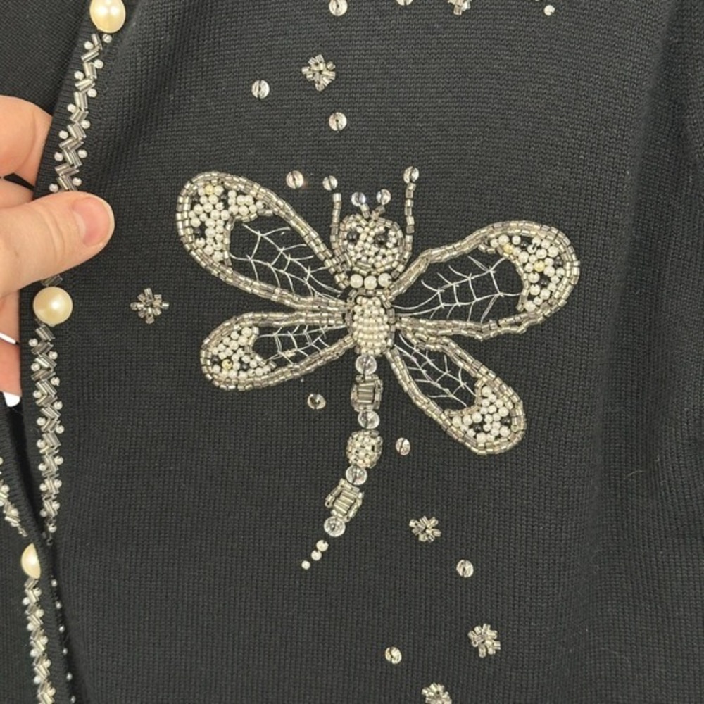 Bob Mackie Wearable Art Black Beaded Dragonfly Cardigan‎ Sweater Pearl Button - Picture 4 of 7